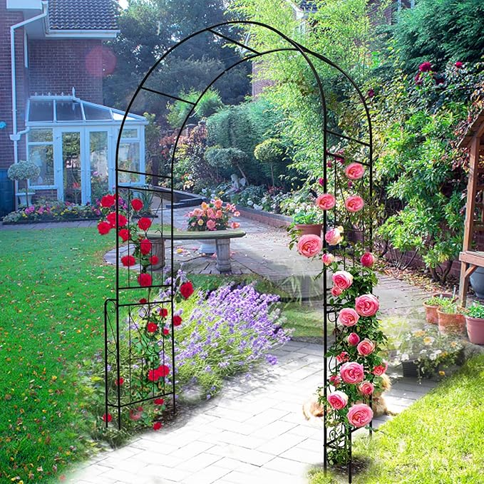 Metal Garden Arch, Assembly Garden Arbor Trellis Climbing Plants Support Rose Arch Outdoor Wedding Arch Party Events Archway (W55'' x H94.5'', Black)