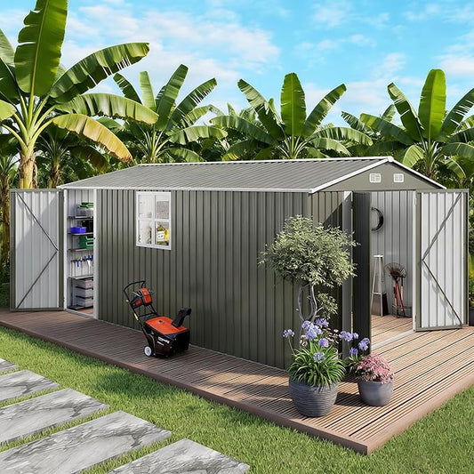 10x14 FT Outdoor Storage Shed, Large Metal Garden Shed with Side Door, Outside Tool Sheds with 2 Windows, Waterproof Storage Building with 4 Air Vents for Backyard, Patio, Lawn, Gray