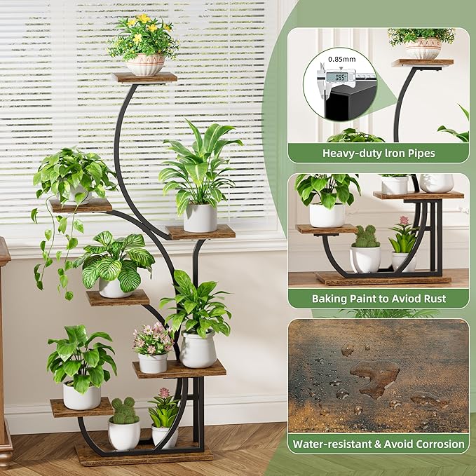 Plant Stand Indoor with Grow Lights - Lighted Indoor Plant Shelf, 57" 7 Tier Corner Plant Stands for Indoor Growing, Tall Flower Display Shelf, Metal S-Shaped Holder for Living Room, Bedroom, Black