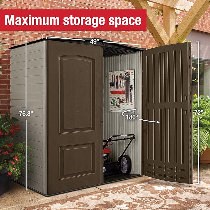 Rubbermaid Medium Vertical Resin Outdoor Storage Shed With Floor (5 x 4 Ft), Weather Resistant, Brown, Organization for Home/Backyard/Pool/Garden/Lawn Tools