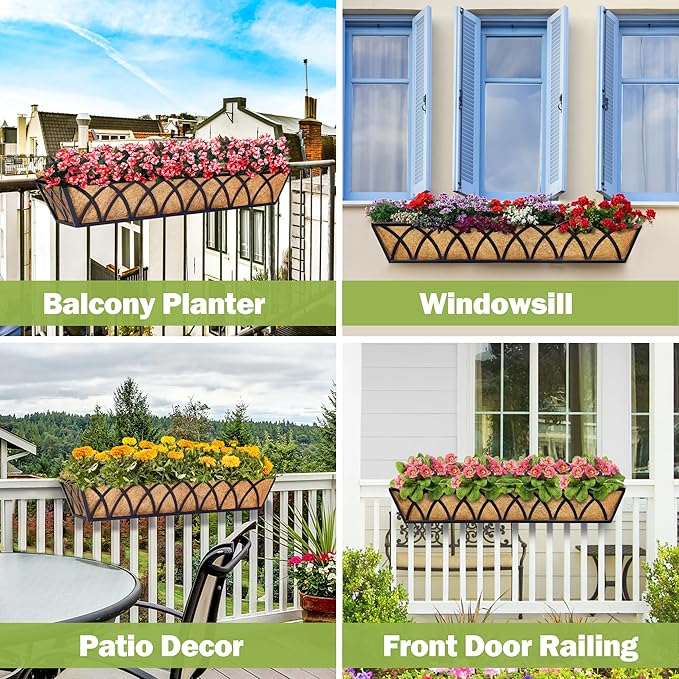 Y&M 30 Inch Window Deck with Coco Liner, Fence Metal Hanging Flower Planter Basket Deck Railing Planter Boxes for Outdoor Garden Lawn, 24" Window Boxes Horse Trough with Coconut Coir Liner,2pcs