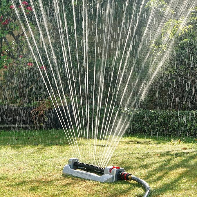 Eden 94111 Heavy Duty Metal Oscillating Sprinkler, Covers Up to 3,328 sq. ft., 20 Precision Nozzles, Flow Control, Adjustable Range, Quick Connect Bundle, Silver, Red, Black