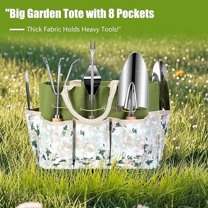 Gardening Tools Set of 10, Heavy Duty Stainless Steel Garden Hand Tools with Floral Tote Bag, Rust-Proof Garden Tools for Gardening, Gardening Gifts for Women, Men and Plant Lover