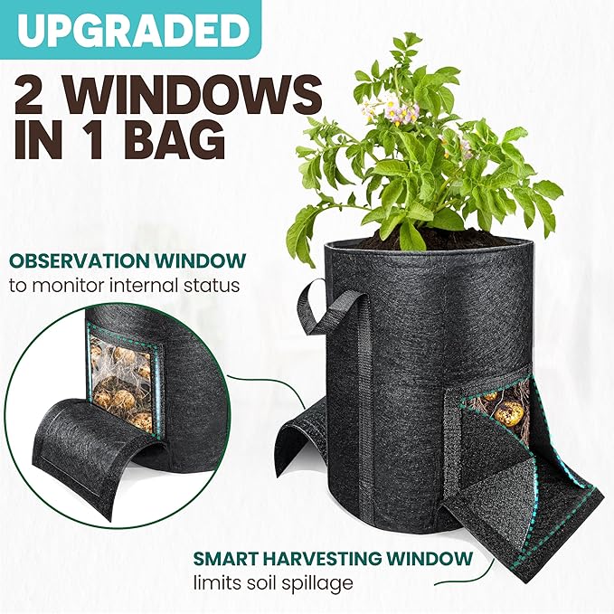 [Upgraded] 4PCS 20-Gallon Potato Grow Bags with Unique Harvest Window, Visible Window, Garden Planting Bag with Reinforced Handle, Nonwoven Fabric Pots for Tomato, Potato Growing Container - Black