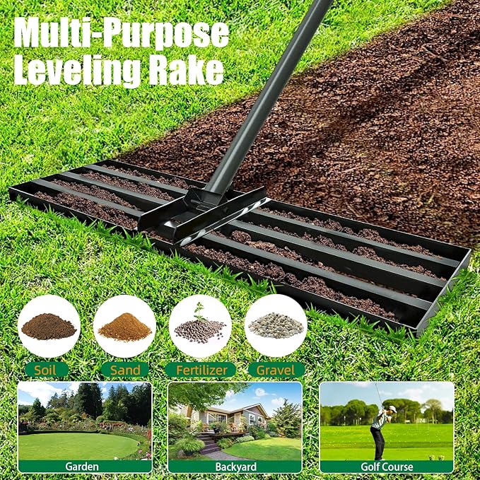Lawn Leveling rake 34.1"x9.4" Levelawn Tool with 70.5" Adjustable Long Handle Heavy Duty Landscape Leveling Rake Lawn Leveler Yard Tool for Backyard, Golf Course, Garden, Pasture, Farm