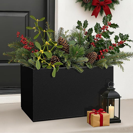 FENCY Metal Rectangular Planter Box, Large Planters for Outdoor Plants, Tall Planters for Outdoor Plants with Drainage Holes (32" L x 10" W x 16.3" H,Black)