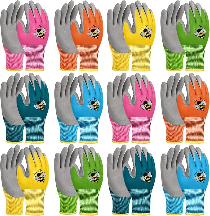 12 Pairs Kids Gardening Gloves Children Yard Work Glove Rubber Coated Garden Gloves for Girls Boys Toddlers Youth Outdoor (Medium (Age 6-8))