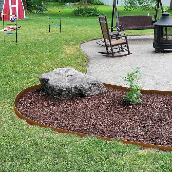 KOL Weather Resistant Steel Flexible Garden Lawn Edging, 10-Pack Pre-Rusted Metal Landscape Edging Strips - Heavy Duty Hammer-in Border with 11 Clips - 16-Gauge - 40" L x 4.5" H (33FT Total Length)