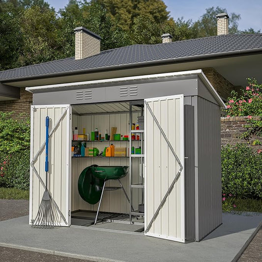 4X8 FT Outdoor Storage Shed W/Floor Base,Metal Shed W/Lockable Door & 2 Air Vents,All Weather Garden Tool House W/Updated Frame Structure,for Backyard Patio Lawn,Gray