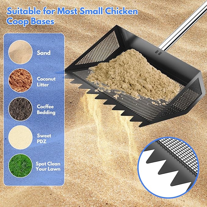 Chicken Poop Scooper & Rake 2-in-1,304 Stainless Steel Shovel Head, Chicken Litter Scoop with Handle for Chicken Coop & Pet Waste Cleaning, Litter Sifting Shovel (35 to 65") (Black, 10inch)