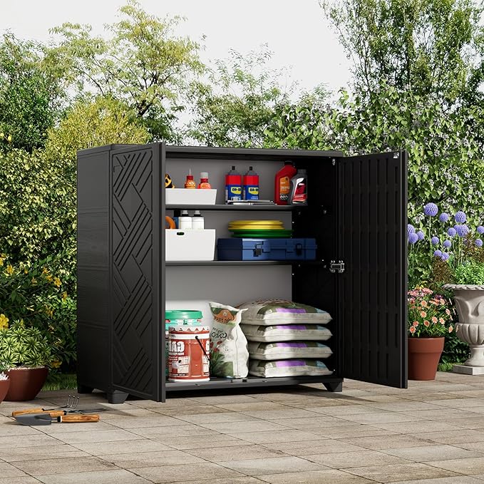 ZZM Indoor/Outdoor Storage Cabinet Waterproof, 34"x15"x34" Plastic Outdoor Storage Box for Garden Balcony Bathroom, All Weather Outdoor Storage Clearance, DIY Usage, with 2 Shelf (Black)
