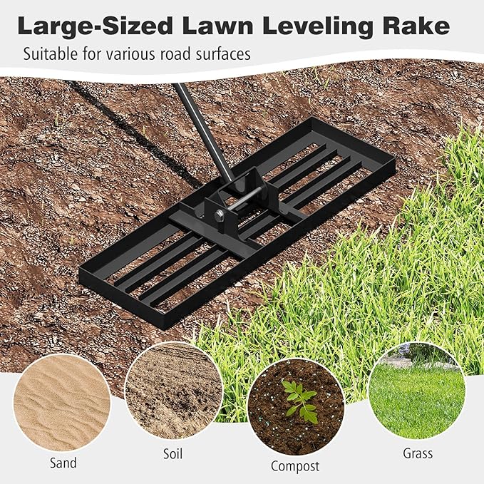 30" x 10" Lawn Leveling Rake, Heavy Duty Landscape Rake with 67" Handle, Non-Slip Grip & Flat Head, Space-Saving Lawn Level Tool for Garden, Backyard, Golf Course & Sports Field(Black)