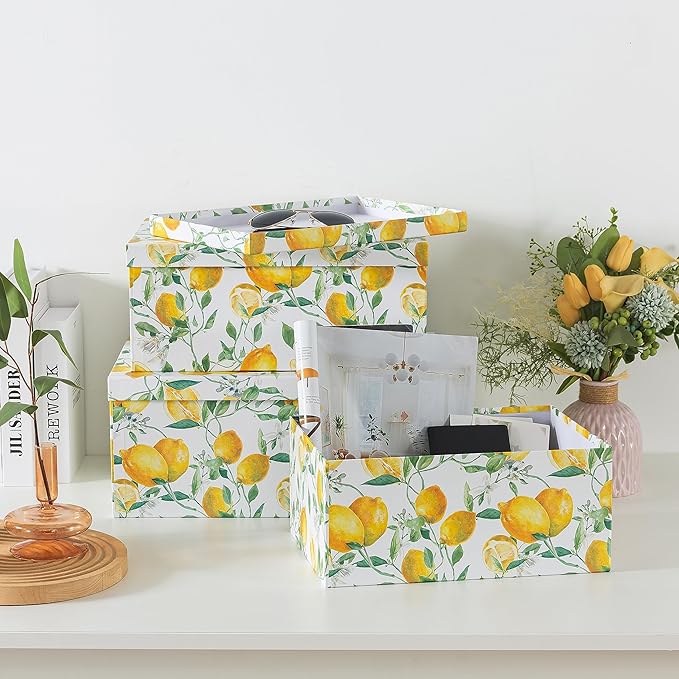 Soul & Lane Decorative Cardboard Storage Boxes with Lids for Home Decor and Organization, Set of 3 Large Keepsake Boxes for Memories & Gifts, Nesting Floral Photo Storage Containers, Zesty Lemons
