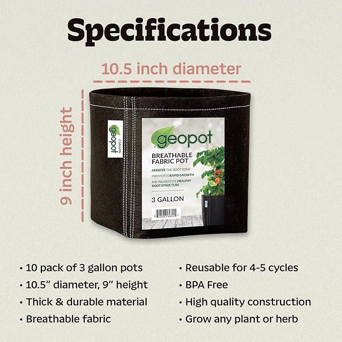 GeoPot 3 Gallon Fabric Grow Bags - 10 Pack - Black - Indoor/Outdoor - Aerated Fabric Pots for Vegetables, Herbs, Flowers & Houseplants