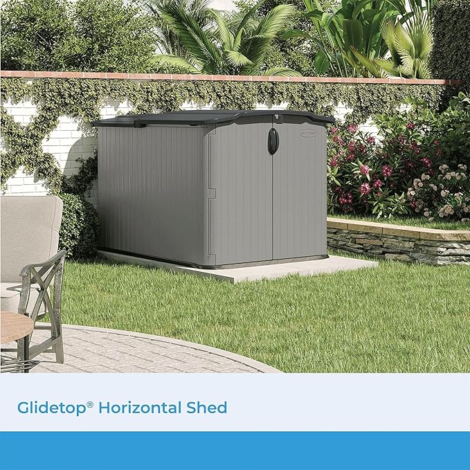 Suncast 138 Cu Ft Horizontal Outdoor Storage Shed, 57.5"x79.75"x52" Glidetop Outdoor Shed with Sliding Lid, Plastic Resin Storage Sheds with Floor for Bikes, Motorcycles, & Lawn Mower, Made in the USA