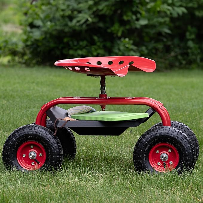 Sunnydaze Rolling Garden Cart with Swivel Seat and Storage - Rolling Garden Seat with Wheels - Gardening Stool with Wheels - Red