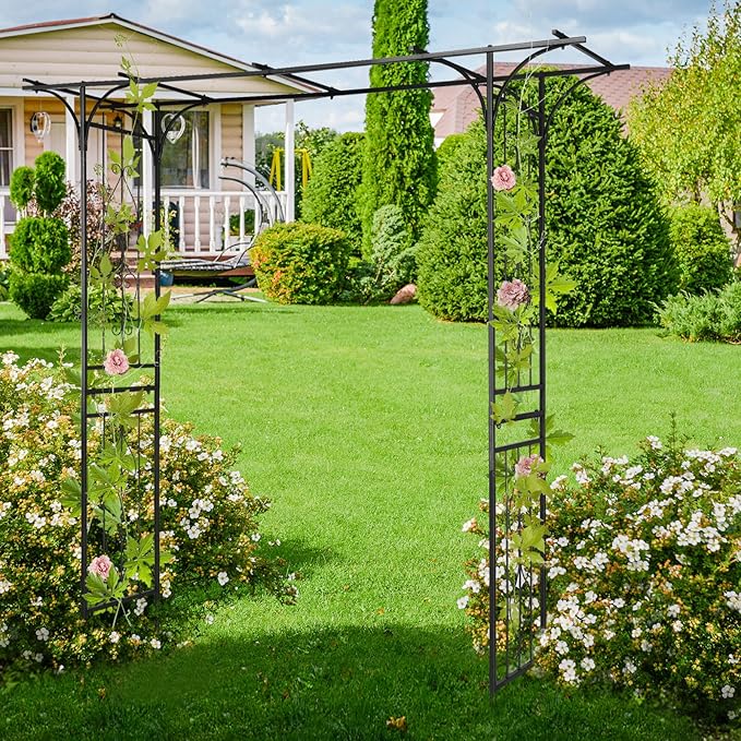 Metal Garden Arbor Trellis with Side Garden Trellis, 7FT Heavy Duty Arch Archway for Wedding, Backyard & Vine Plants - Rust-Resistant Powder-Coated Steel, Easy Assembly