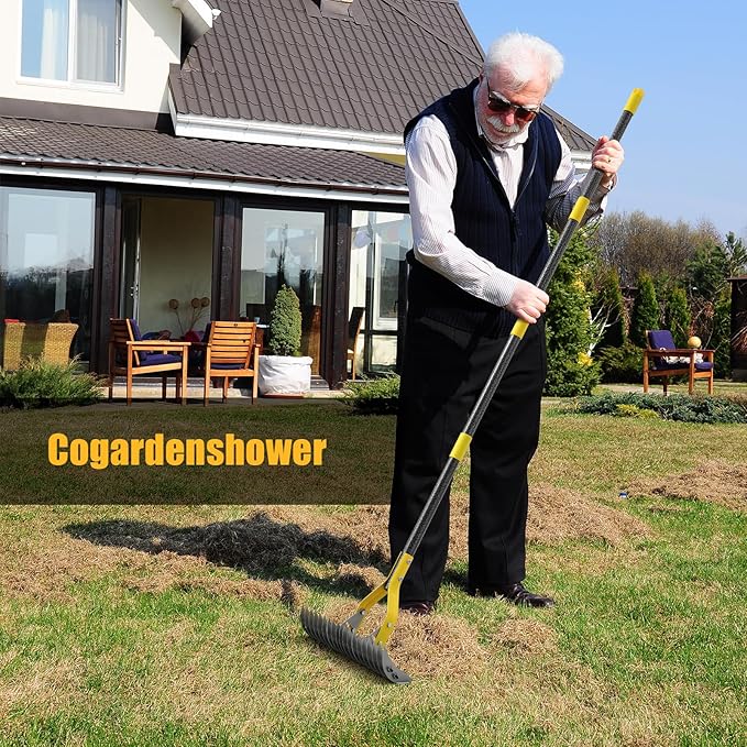 Dual-Action Thatch Rake for Lawn – Efficient 15" Thatching Rake with Sharp Dethatching Blade,Manual Dethatcher & Scarifier Tool for Dead Grass Removal,Soil Loosening,Garden Yard Lawn Care,55" Long