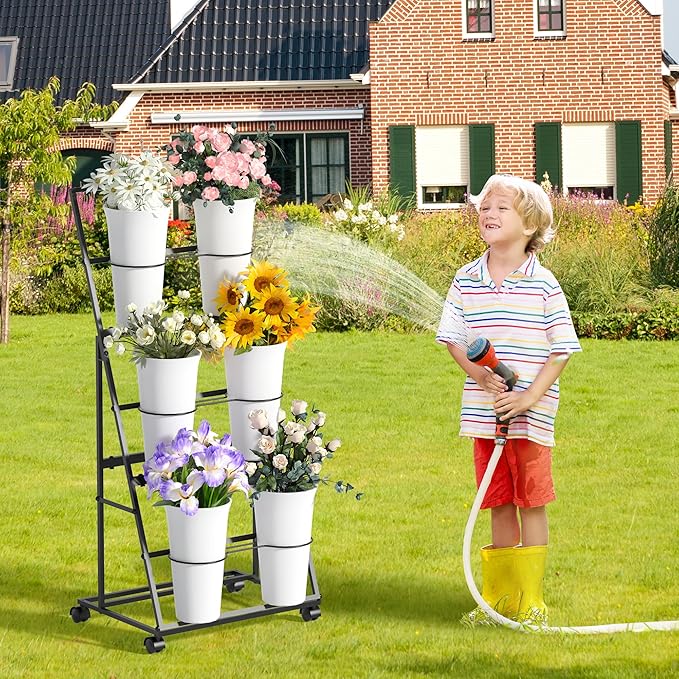 Invech Flower Display Stand with 6 Buckets and Wheels, 3 Tier Flower Cart Display Stand for Indoor Outdoor Garden, Wedding, Flower Shop (Existing Patent)