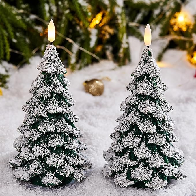 Christmas Tree Candles Covered in Snow with Remote, 2 Pcs Waxy LED Flameless Candles Flickering, Green Electric Candles Battery Operated for New Year Celebration Holiday Decorations 8.5 Inches