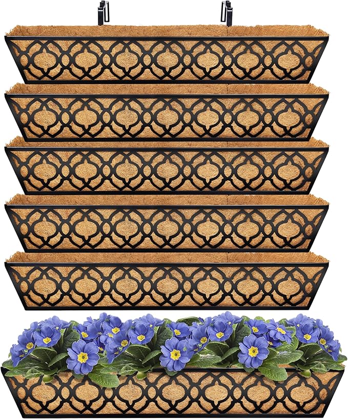 Y&M 6pcs 30 Inch Window Deck with Coco Liner, Fence Metal Hanging Flower Planter Window Basket Deck Railing Planter Boxes for Outdoor Garden Lawn,