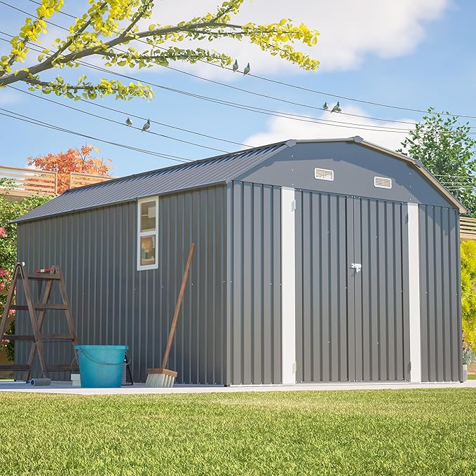 10×12 FT Outdoor Storage Shed,Heavy-Duty Metal Shed with Floor Base,All Weather Waterproof Tool Shed W/Diamond Roof & Windows,Lockable Double Door & 4 Air Vents,for Backyard,Patio,Lawn,Gray