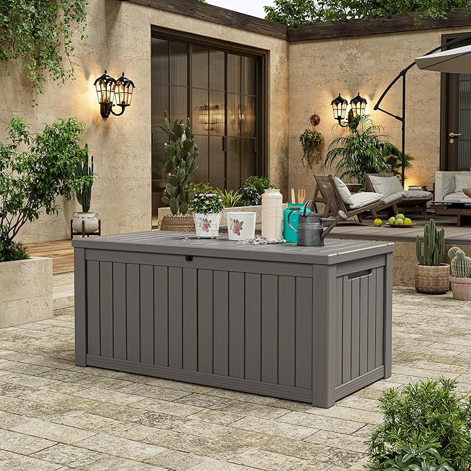 Outdoor Storage Box, Resin Deck Boxes Indoor and outdoor, Waterproof Storage Box Lockable Lid (Grey, 150 Gallon)