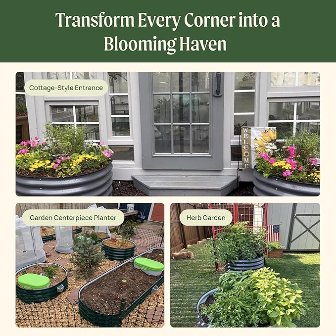 17" Tall Herb Raised Garden Bed for Basil Lavender Sages, 24" Wide Round Fruit Tomato Planter Box for Gardening Blueberries Figs, Flower Metal Pot Container for Rose, Twin Pack, British Green