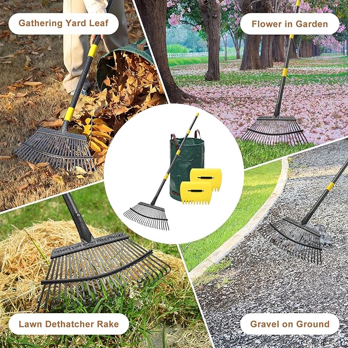 Leaf Rake 18” Wide Heavy Duty Metal 25 Tines Garden Rake Set with 30-90” Adjustable Long Handle for Yard Grass Shrub Mulch Including 32Gallon Garden Bag Leaf Scoops