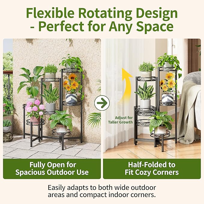 Metal Plant Stand, 7 Tier Tall Wrought Iron Plant Shelf Holder for Indoor, Outdoor Folding Tall Display Rack Flower Pot Stand for Corner Office Balcony Patio - BlackCircle