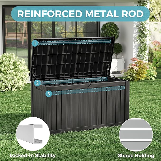 Outdoor Storage Box, Resin Deck Boxes Indoor and outdoor, Waterproof Storage Box Lockable Lid (Black, 150 Gallon)