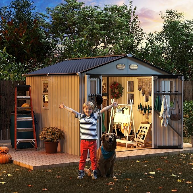 8x8 SF Outdoor Storage Shed,Metal Shed with Lockable Doors & 4 Daylight Windows,Garden Tool Shed w/Air Vents & Sloped Roof, Ideal for Backyard,Patio,Lawn,White