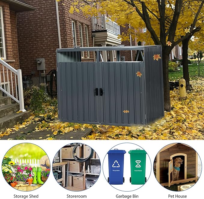 Garbage Bin Storage Shed for 2 Trash Cans Outdoor Metal Enclosure Charcoal Galvanized Steel Garbage Can Holder Hide Utility Bin Shelter Garden Yard