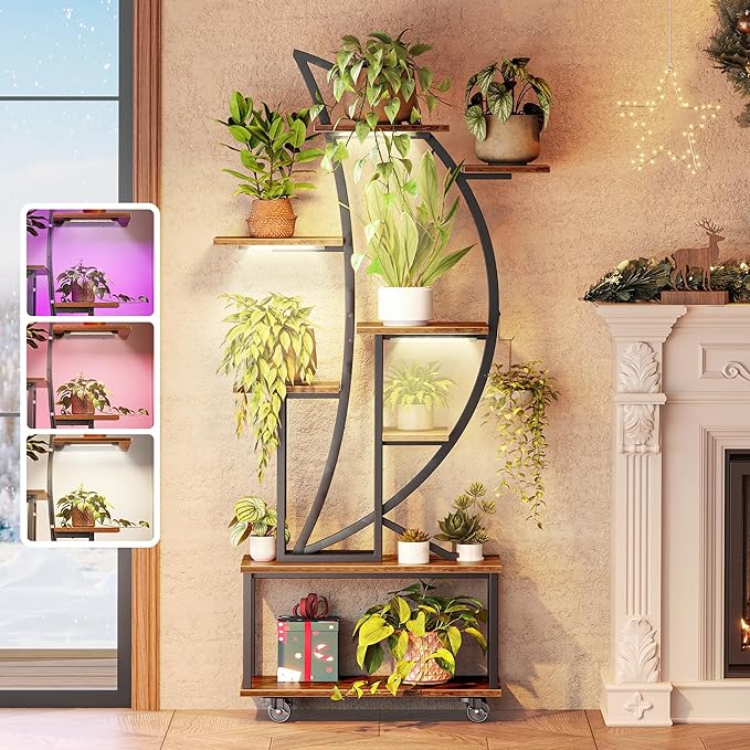 PRAISUN 62 Inch Plant Stand Indoor with Grow Lights, 8 Tiered Plant Shelf with Larger Flower Holder, Half Moon-Shaped Stand with Hook, Wheels, Plant Rack for Living Room, Rustic Brown