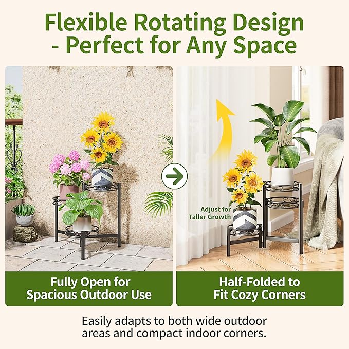 3-Tier Plant Stand Outdoor,Metal Plant Stand for Multiple Plants, Folding Tall Plant Rack Display Shelf for Corner Living Room Porch Patio Garden Office - BalckCircle