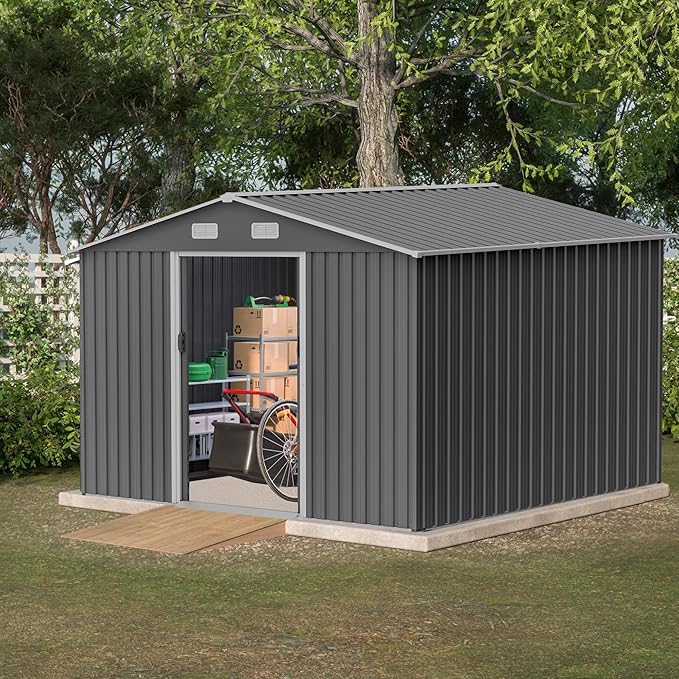 10X8 FT Outdoor Storage Shed W/Lockable Sliding Doors,Metal Shed W/Sloped Roof & Air Vents,All Weather Garden Tool House for Backyard Patio Lawn,Gray