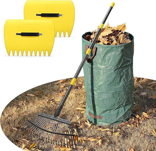 Leaf Rake 18” Wide Heavy Duty Metal 25 Tines Garden Rake Set with 30-75” Adjustable Long Handle for Yard Grass Shrub Mulch Including 32Gallon Garden Bag Leaf Scoops