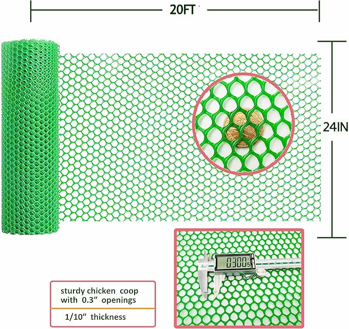 Upgraded Plastic Chicken Wire Fence Mesh(24INx20FT) - Black/Green/White Colors 0.3" Openings,for Garden Net, Poultry Fencing, Chicken Wire Frame,Animal Cage Fence,Floral Netting (Green)
