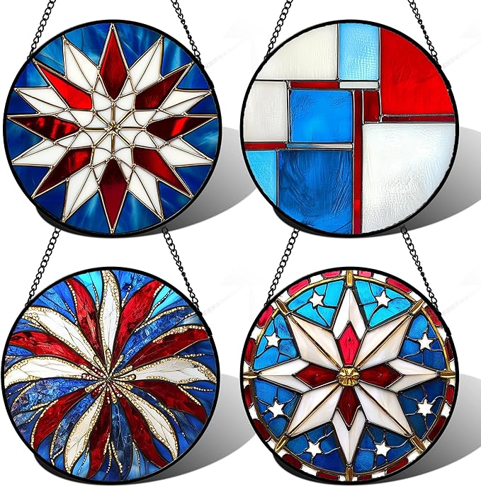 Stained Glass Window Hanging 4 Pcs Set Abstract Flowers in Red White Blue Large 15" - Suncatcher Door Garden Sun Catcher Decor Birthday Mother's Day Xmas Gift for Mom Woman Nana Men Parents