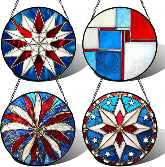 Stained Glass Window Hanging 4 Pcs Set Abstract Flowers in Red White Blue Large 15" - Suncatcher Door Garden Sun Catcher Decor Birthday Mother's Day Xmas Gift for Mom Woman Nana Men Parents
