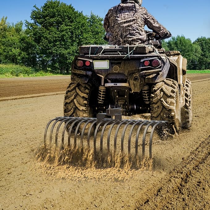 YITAMOTOR 48" Tow Behind Landscape Rake, 2" Receiver Lown Dethatcher Rack with 17 Steel Tines for ATV/UTV & 3-Point Hitch Systems Tractor, for Leaves, Debris, Grass, Pine Needles