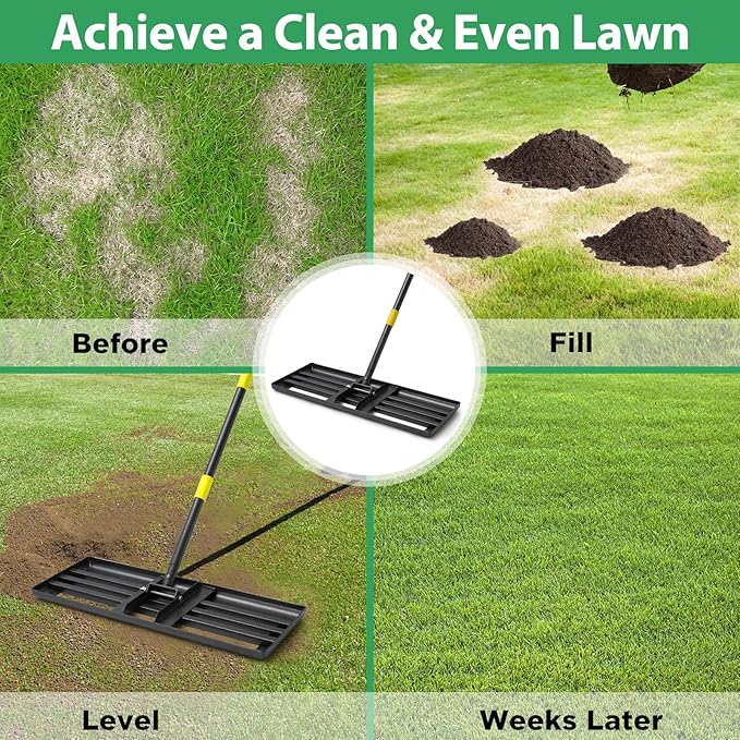 Lawn Leveling Rake, 6 FT Ground Lawn Leveler with 30 x 10 Wide Large Rakes Head for Smooth Garss Soil Dirt Sand, High Effect Yard Leveling Tool with Round Edge forGarden Golf Course, No Flip