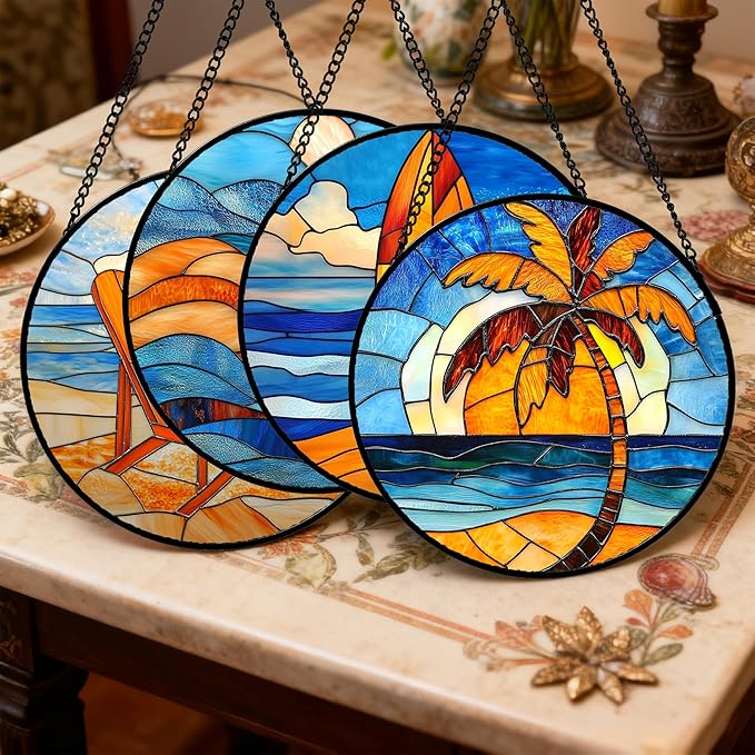 Stained Glass Window Hanging 4 Pcs Set Blue Orange Ocean Beach Theme 7.8" - Suncatcher Door Garden Sun Catcher Decor Birthday Christmas for Mom Woman Nana Men Wife