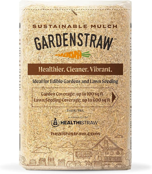 GardenStraw, 3 cu ft (20 lbs) Pack of 1 – All-Natural Mulch for Gardens, Vegetables & Lawn Seeding – Water-Conserving Wheat Straw – Thoroughly Cleaned, Sustainable