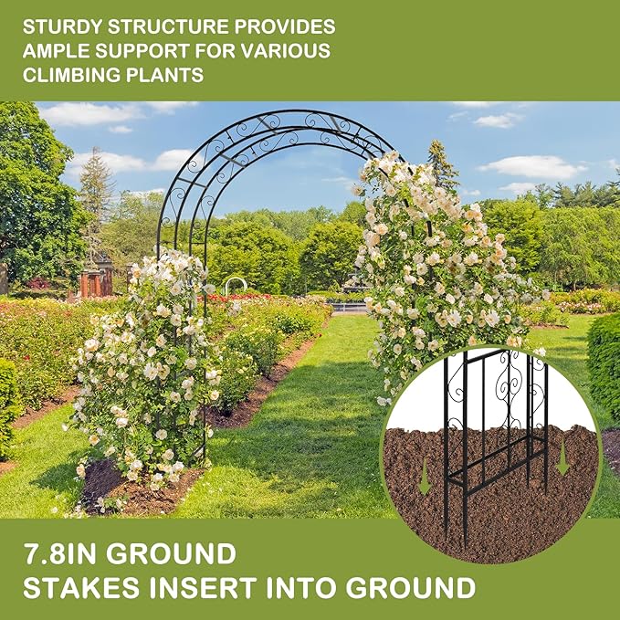 Outvita 7FT Garden Arch Arbor with Entry Door, Heavy Duty Metal Arbour Archway, Decorative Frame Stand Trellis with Ground Stakes for Wedding Ceremony Party Plant Climbing Rose Vines Patio Black
