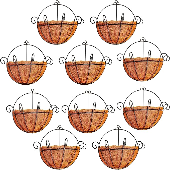 ShopLaLa Wall Planters Outdoor Plants (10 Inch, 10 Pack) Balcony Planters Railing Hanging Fence Planter Over Railing Planters Coco Liner, Wall Mounted Flower Basket Metal Wire Deck Porch Patio Garden