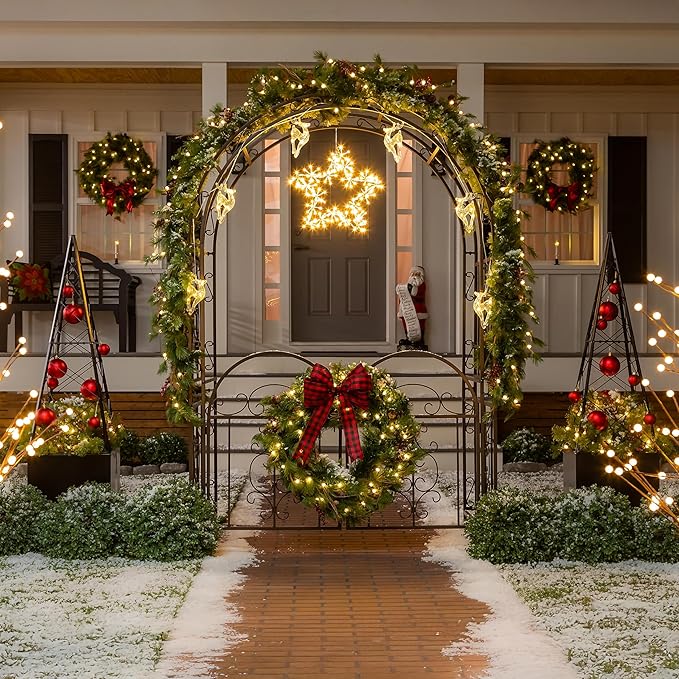 Plow & Hearth Arch Metal Outdoor Garden Arbor Double Gate | Montebello | 7 Feet Tall | Gunmetal Black | Trellis Lattice Climbing Plants