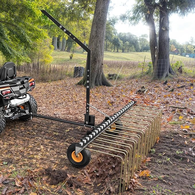 AUTOSAVER88 60" Tow Behind Steel Pine Straw Rake Durable Corrosion Resistant Lawn Rake