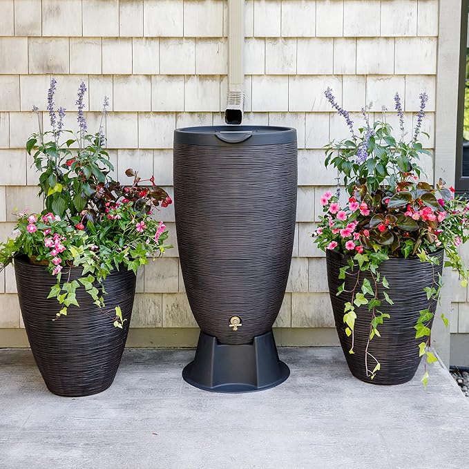 RTS Home Accents Newport 50‑Gallon Flat‑Back Rain Barrel with Stand & Planter Bundle – Bronze | Removable Lid, UV-Stabilized Outdoor Water Storage
