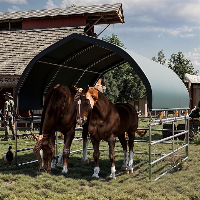 YOLENY 12'x12' Corral Shelter, Heavy Duty Round Style Canopy, Green, Waterproof and UV Treated Universal Cover, Easy Assembly Stable and Agricultural Storage and Shade Shed Kit for Livestock